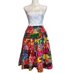 Vintage Colorful Patchwork Tiered Skirt Womens Sz Medium Floral Knee Length Y2K